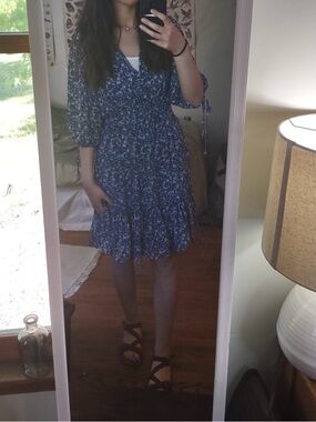 Blue Floral V-Neck  Dress